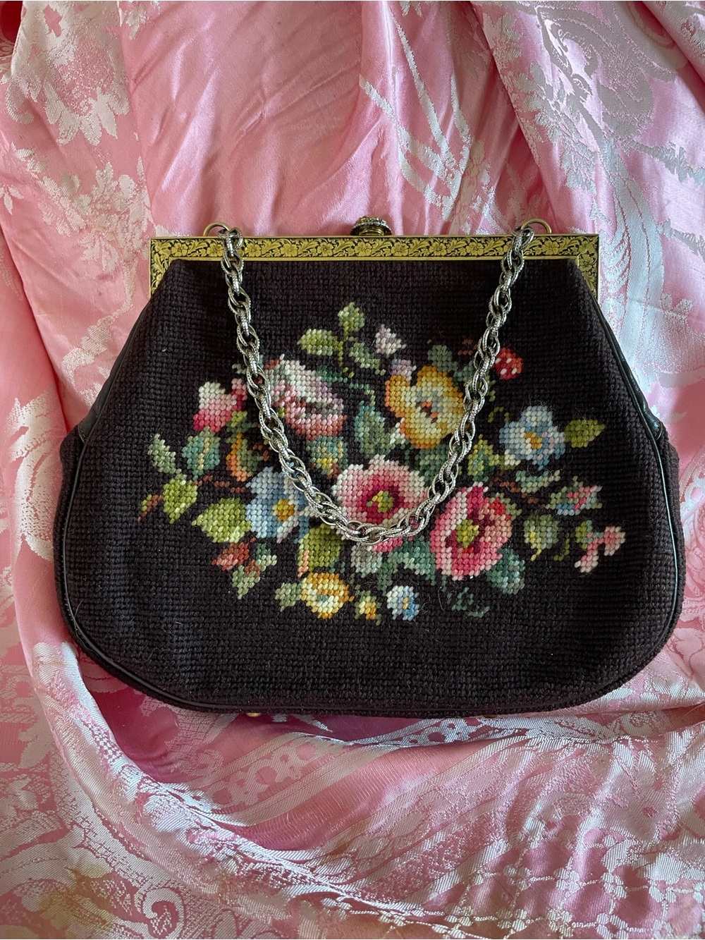Vintage 40/50s Dark Brown Floral Needlepoint Tapestry Silver Chain Handbag.